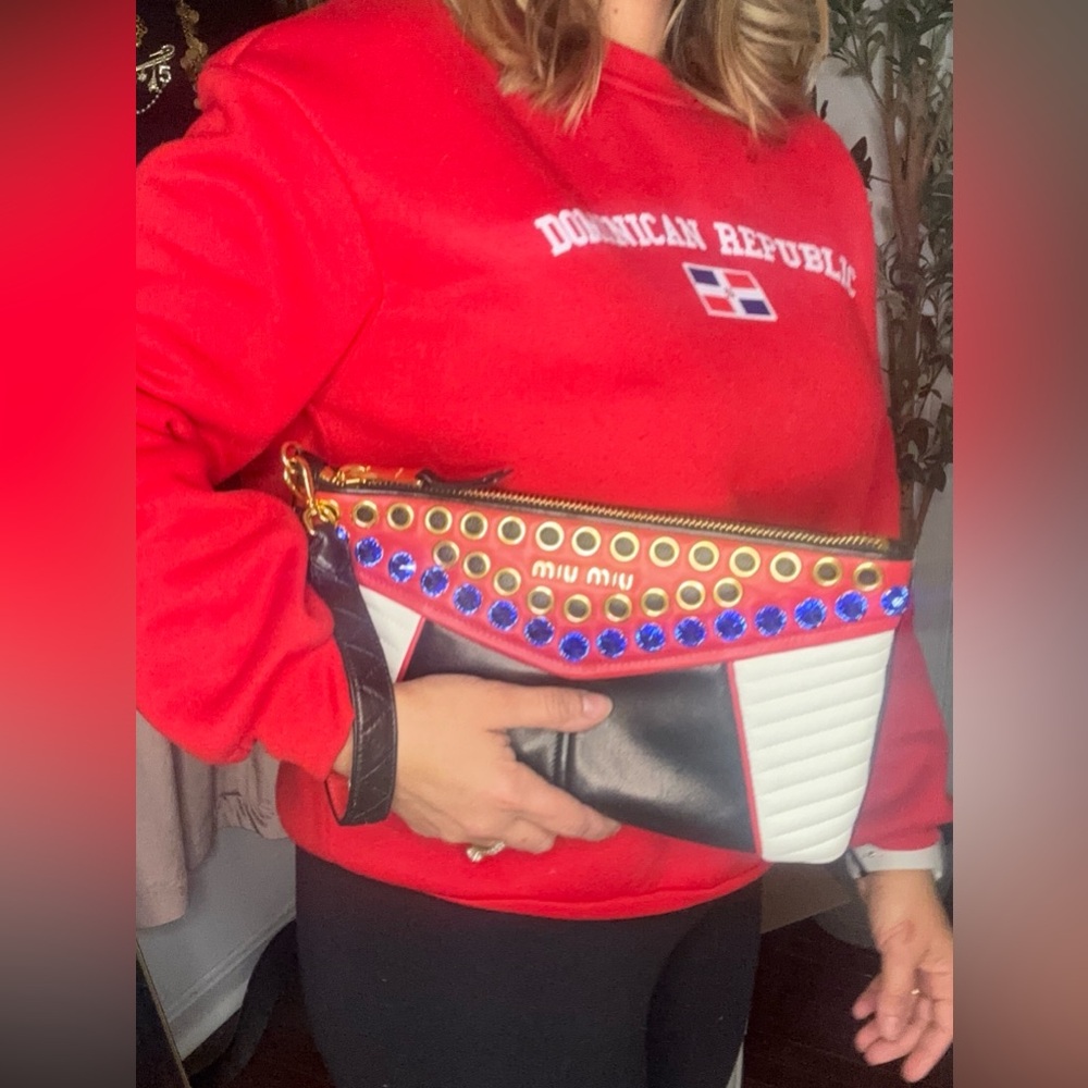 Miu Miu Nappa Biker Cry Vintage Rare red blue and white Studded Quilted Clutch✨ - Picture 10 of 10